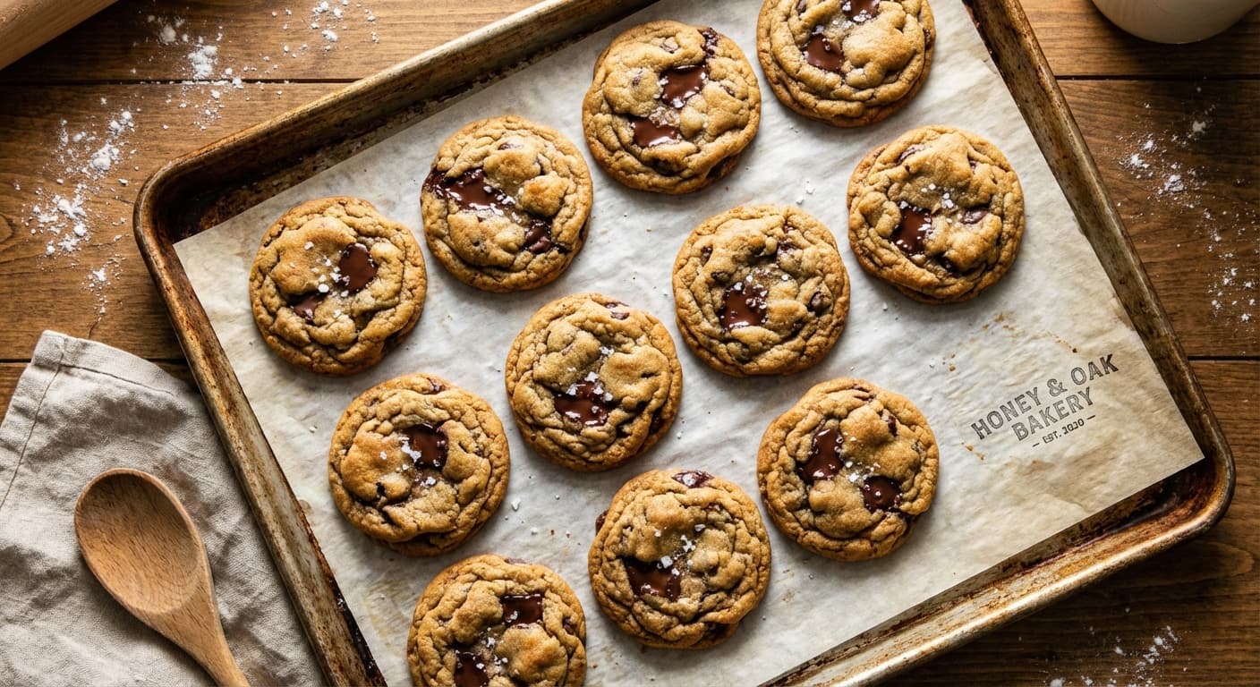 A dozen golden-brown chocolate chip cookies on parchment paper